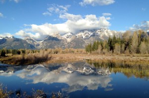 Reflections in the quiet waters of Schwabacher Landing.