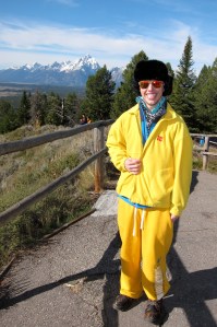 His pants, Nancy's jacket, a great ensemble. Despite the hat, Jordan will not be mistaken for a bear.